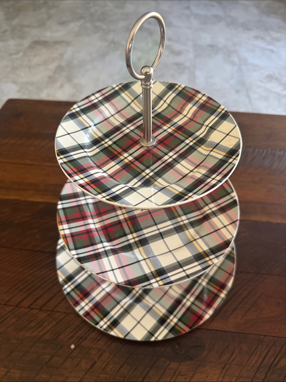 Pottery Barn Plaid 3-Tier Serving Stand - White, Red, Green, Black